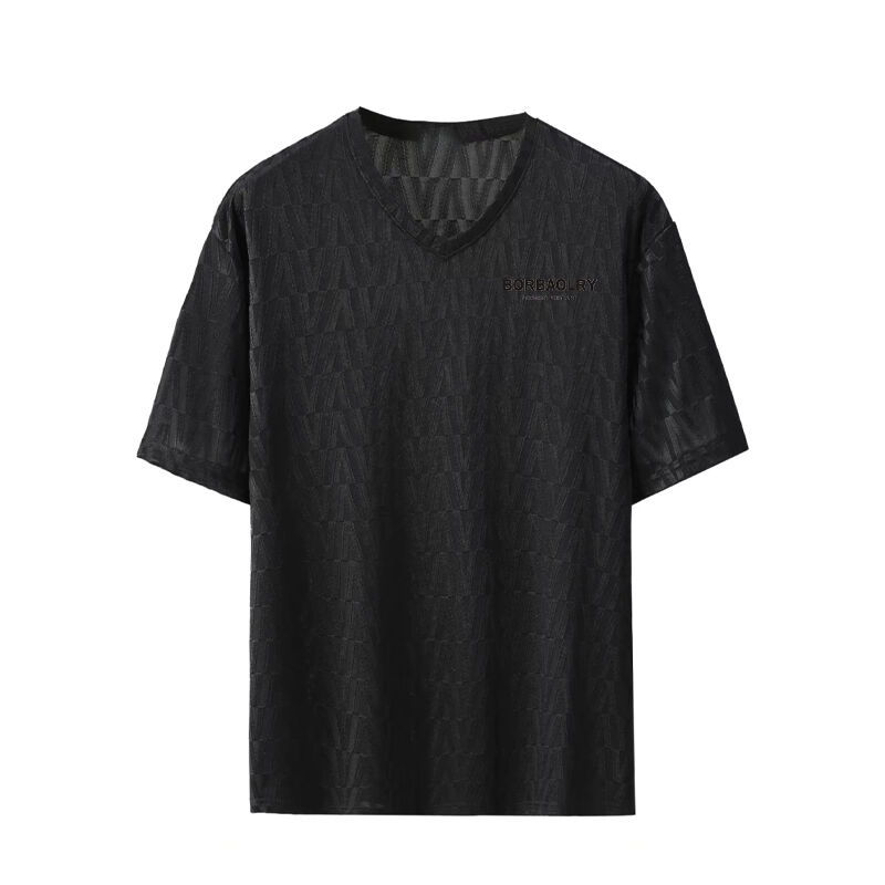 2025년 여름 남성 하이엔드 플레이드 아이스 실크 단袖 티셔츠 우아한 고급 레저 반袖 윗부분 느슨한 넥타이 새