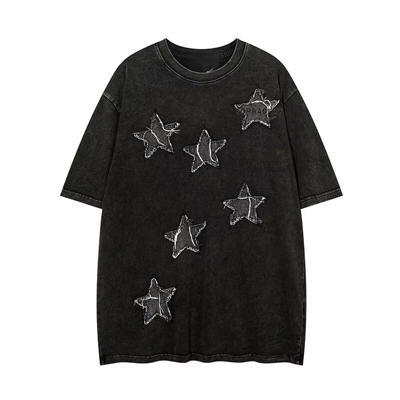 고품질 스트리트 웨어 크루 목 티셔츠 어플리케이트 패치 브로더링 산 씻은 빈티지 티셔츠