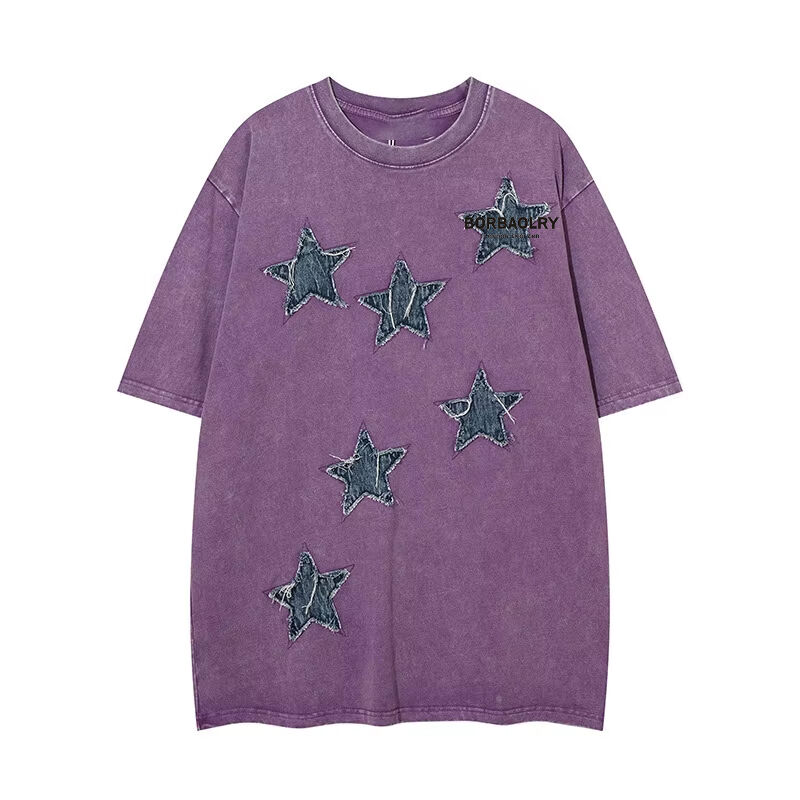 고품질 스트리트 웨어 크루 목 티셔츠 어플리케이트 패치 브로더링 산 씻은 빈티지 티셔츠