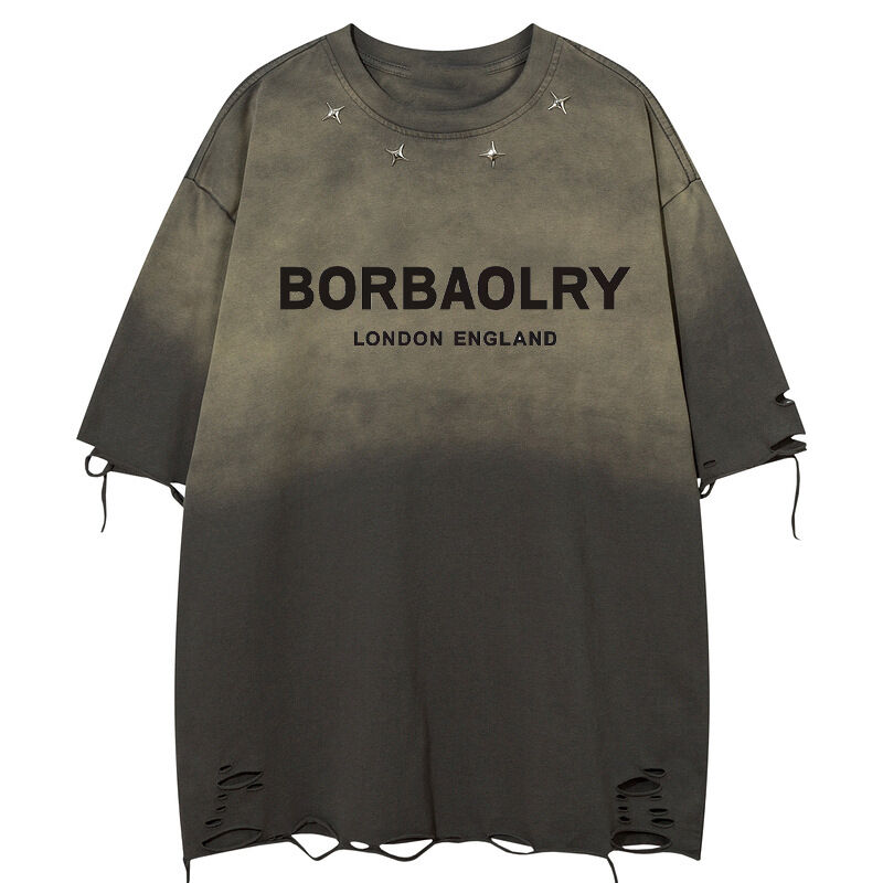 여름 세탁 구형 대형 빈티지 거리 버튼 장식 크기 빈 평면 티셔츠 스포츠 티셔츠 짧은袖 남성 스타일