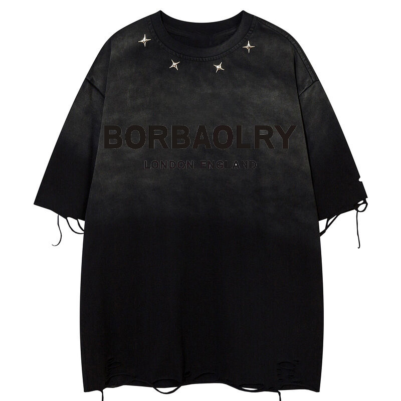 여름 세탁 구형 대형 빈티지 거리 버튼 장식 크기 빈 평면 티셔츠 스포츠 티셔츠 짧은袖 남성 스타일