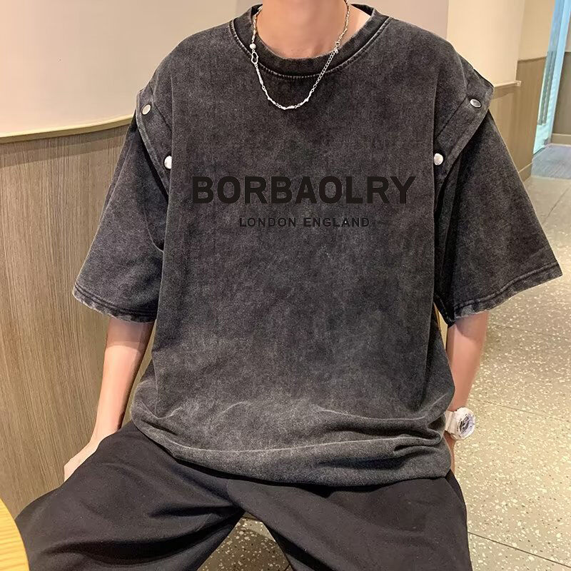 빈티지 휴대가 가능한 짧은袖 티셔츠 남성의 느슨한 무거운 면화 산성 세탁 티셔츠 최고 여름 트렌드 브랜드 티셔츠