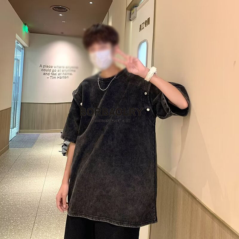 빈티지 휴대가 가능한 짧은袖 티셔츠 남성의 느슨한 무거운 면화 산성 세탁 티셔츠 최고 여름 트렌드 브랜드 티셔츠