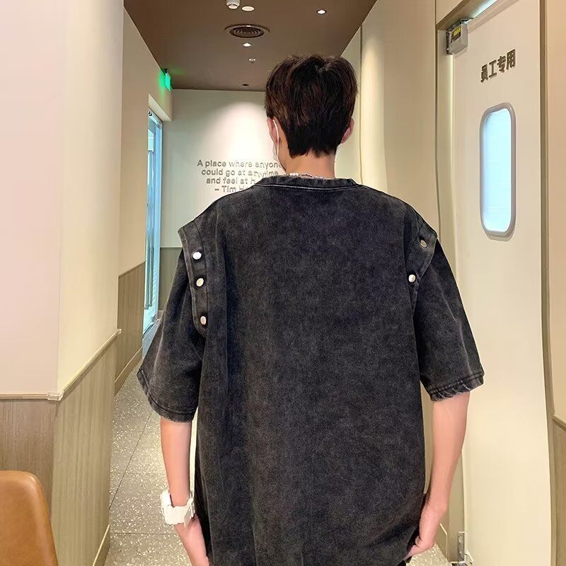 빈티지 휴대가 가능한 짧은袖 티셔츠 남성의 느슨한 무거운 면화 산성 세탁 티셔츠 최고 여름 트렌드 브랜드 티셔츠