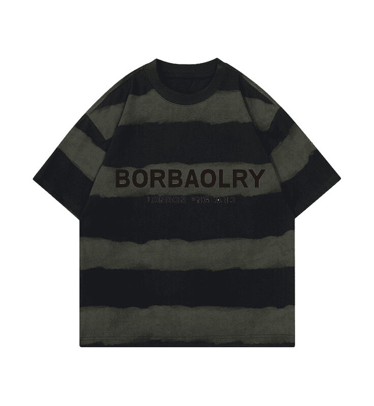 도매 220g 티셔츠 면화 패션 캐주얼 느슨한 줄무늬 윗부분 타이 염색 수공업 낙하 어깨 둥근 목 짧은 장갑