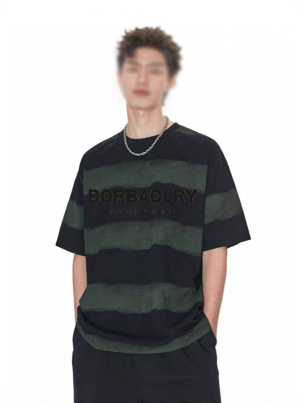 도매 220g 티셔츠 면화 패션 캐주얼 느슨한 줄무늬 윗부분 타이 염색 수공업 낙하 어깨 둥근 목 짧은 장갑