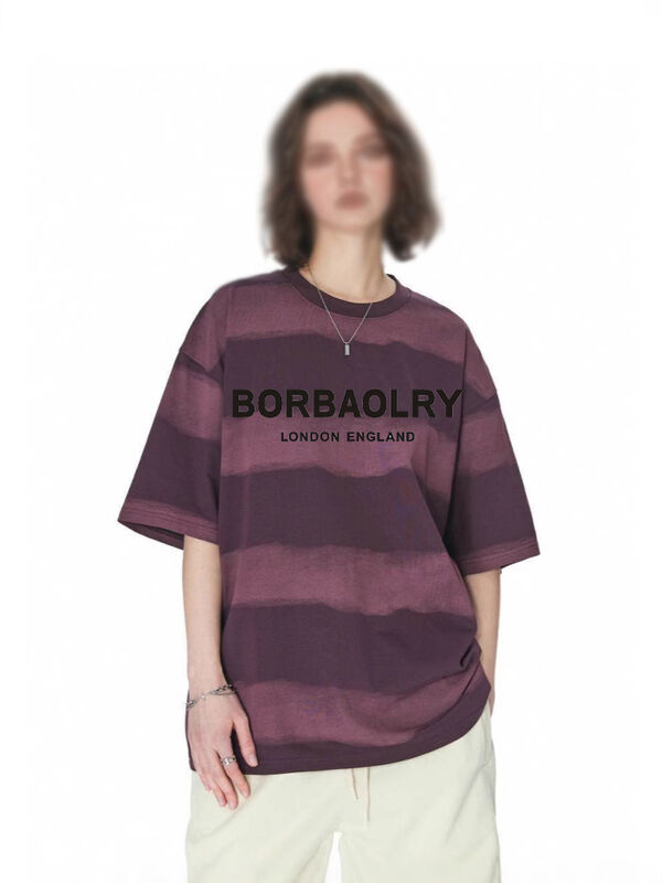 도매 220g 티셔츠 면화 패션 캐주얼 느슨한 줄무늬 윗부분 타이 염색 수공업 낙하 어깨 둥근 목 짧은 장갑