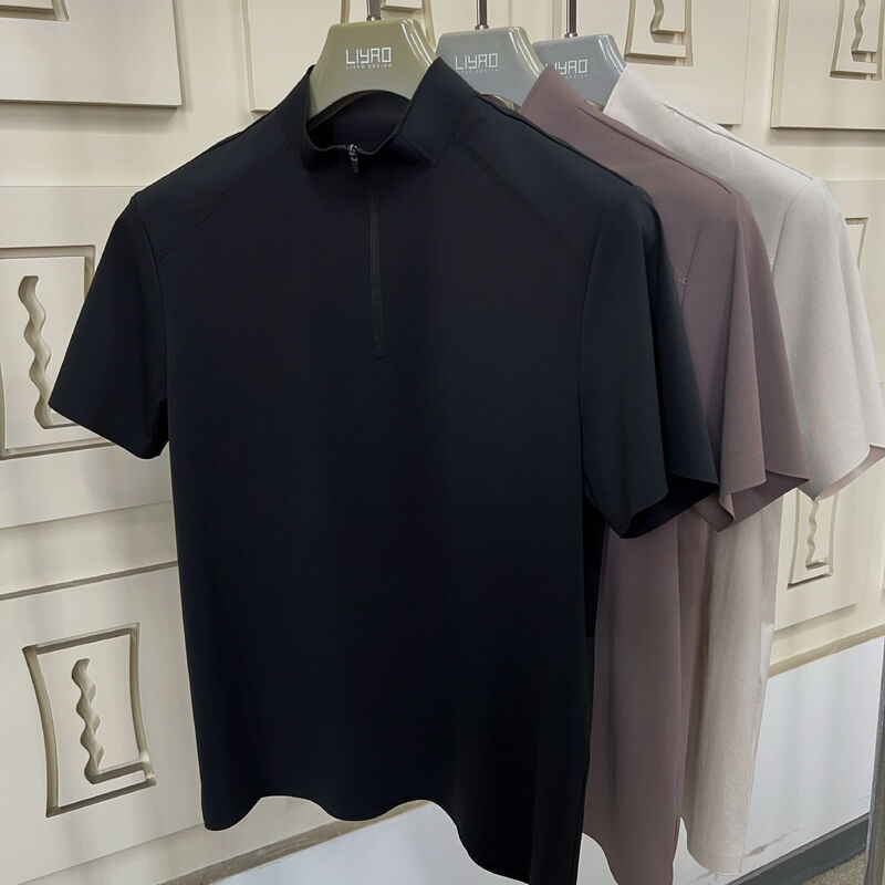 남성용 하이넥 반팔 티셔츠, 신축성, 속건성, 통기성 원단, 아웃도어 스포츠 티셔츠