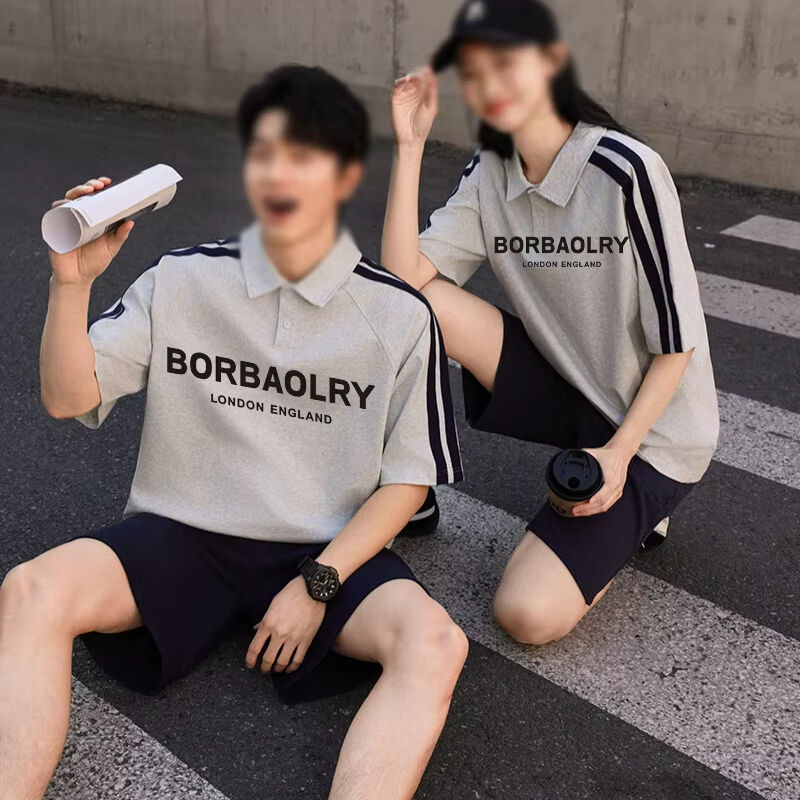 여름 남성용 반팔 폴로 셔츠 아메리칸 하이 스트릿 스타일 칼라 반팔 티셔츠 스타일리시 니트 레터