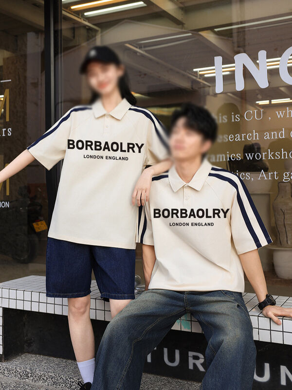 여름 남성용 반팔 폴로 셔츠 아메리칸 하이 스트릿 스타일 칼라 반팔 티셔츠 스타일리시 니트 레터