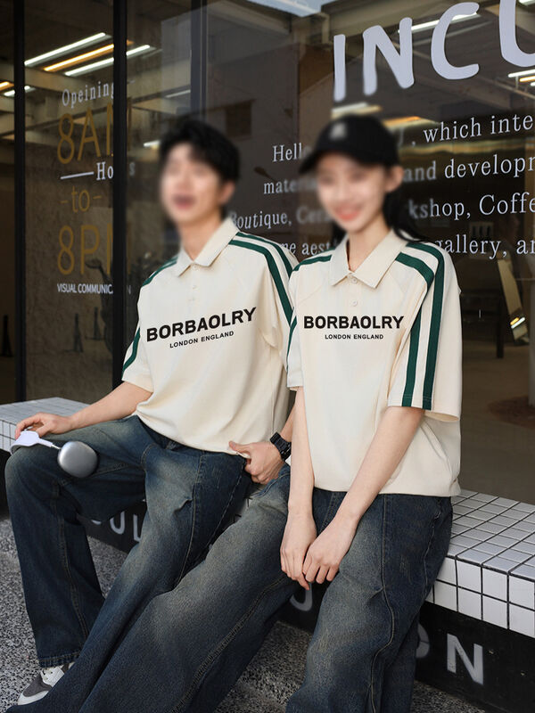 여름 남성용 반팔 폴로 셔츠 아메리칸 하이 스트릿 스타일 칼라 반팔 티셔츠 스타일리시 니트 레터